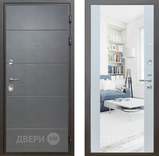 Входная металлическая Дверь Шелтер (SHELTER) Комфорт Лофт графит 13 с зеркалом Белый матовый в Пущино