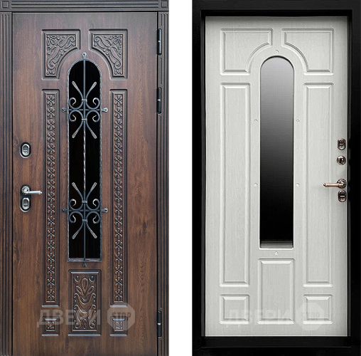 Входная металлическая Дверь Престиж TERMO с терморазрывом Лацио Дуб с окном и ковкой Лиственница белая в Пущино