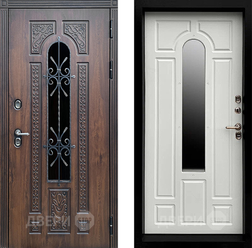Входная металлическая Дверь Престиж TERMO с терморазрывом Лацио Дуб с окном и ковкой Белый матовый в Пущино
