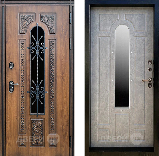 Входная металлическая Дверь Престиж TERMO с терморазрывом Лацио Орех с окном и ковкой Бетон светлый в Пущино