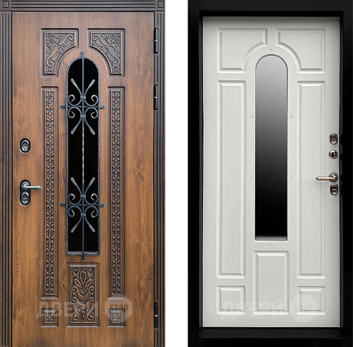 Входная металлическая Дверь Престиж TERMO с терморазрывом Лацио Орех с окном и ковкой Белый матовый в Пущино