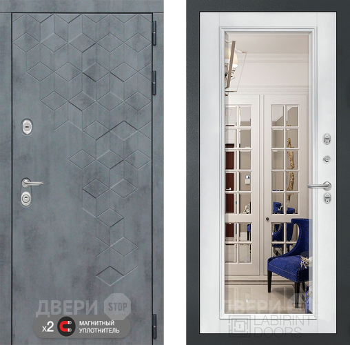 Входная металлическая Дверь Лабиринт (LABIRINT) Бетон Зеркало Фацет с багетом Белый софт в Пущино