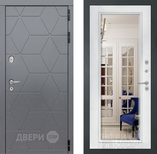 Входная металлическая Дверь Лабиринт (LABIRINT) Cosmo Зеркало Фацет с багетом Белый софт в Пущино