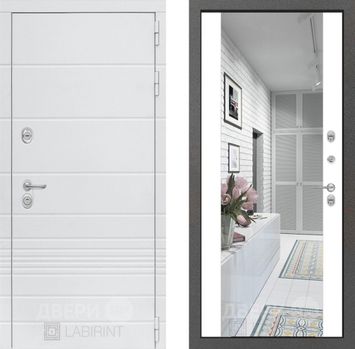 Входная металлическая Дверь Лабиринт (LABIRINT) Трендо Зеркало Максимум Белый софт в Пущино