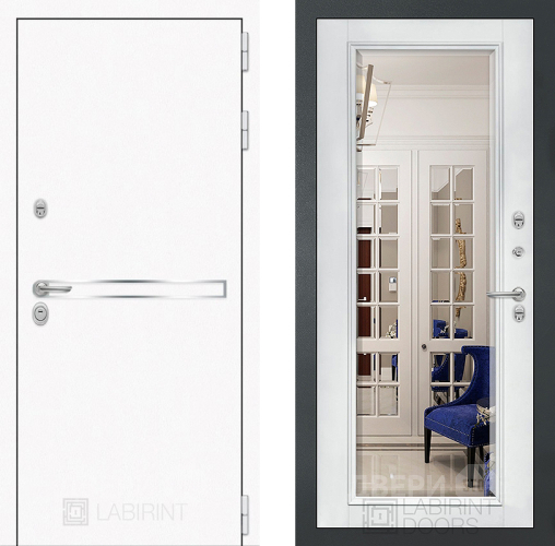 Входная металлическая Дверь Лабиринт (LABIRINT) Лайн White Зеркало Фацет с багетом Белый софт в Пущино