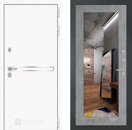 Входная металлическая Дверь Лабиринт (LABIRINT) Лайн White Зеркало 18 Бетон светлый в Пущино