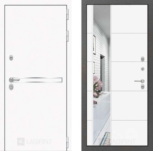 Входная металлическая Дверь Лабиринт (LABIRINT) Лайн White Зеркало 19 Белый софт в Пущино