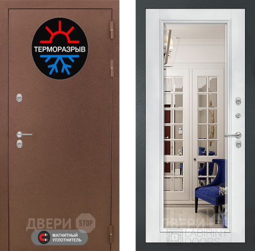 Входная металлическая Дверь Лабиринт (LABIRINT) Термо Магнит Зеркало Фацет с багетом Белый софт в Пущино