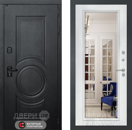 Входная металлическая Дверь Лабиринт (LABIRINT) Гранд Зеркало Фацет с багетом Белый софт в Пущино