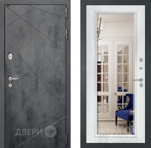 Входная металлическая Дверь Лабиринт (LABIRINT) Лофт Зеркало Фацет с багетом Белый софт в Пущино