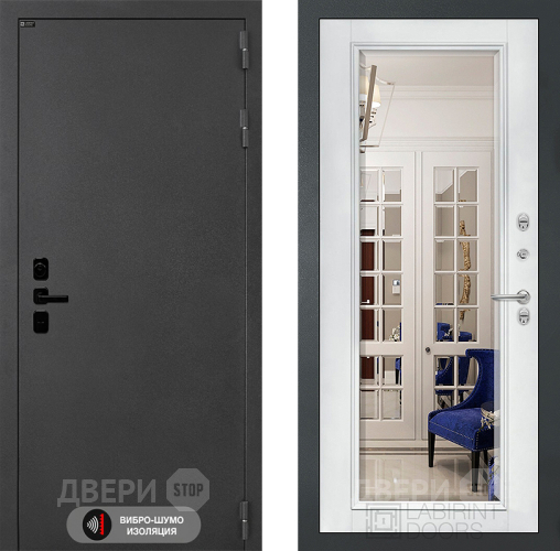 Входная металлическая Дверь Лабиринт (LABIRINT) Acustic Зеркало Фацет с багетом Белый софт в Пущино