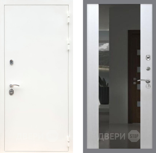 Входная металлическая Дверь Рекс (REX) 5 Белая Шагрень СБ-16 Зеркало Белый ясень в Пущино
