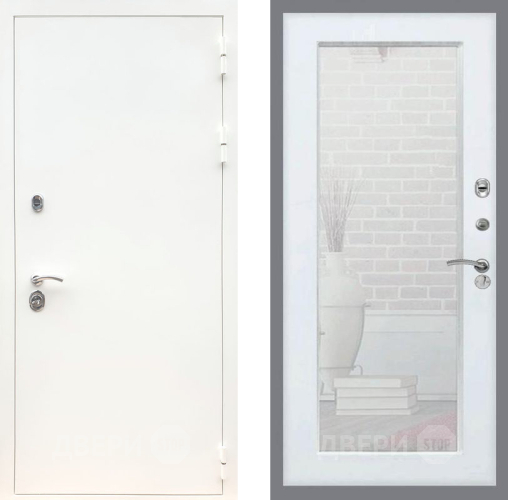 Входная металлическая Дверь Рекс (REX) 5 Белая Шагрень Зеркало Пастораль Силк Сноу в Пущино