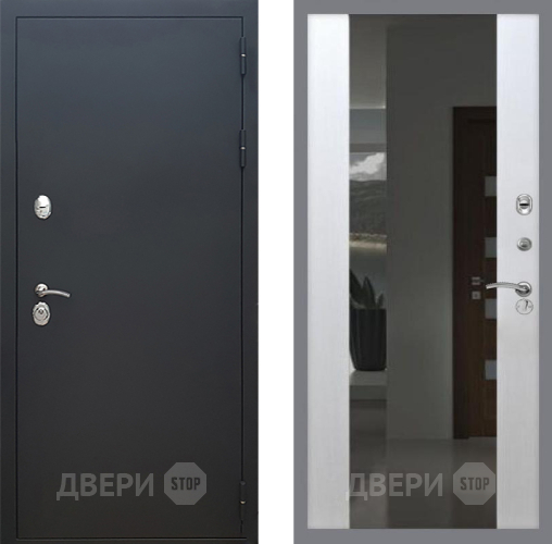 Входная металлическая Дверь Рекс (REX) 5 Черный Муар СБ-16 Зеркало Белый ясень в Пущино