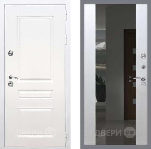 Входная металлическая Дверь Рекс (REX) Премиум-н Силк Сноу СБ-16 Зеркало Белый ясень в Пущино